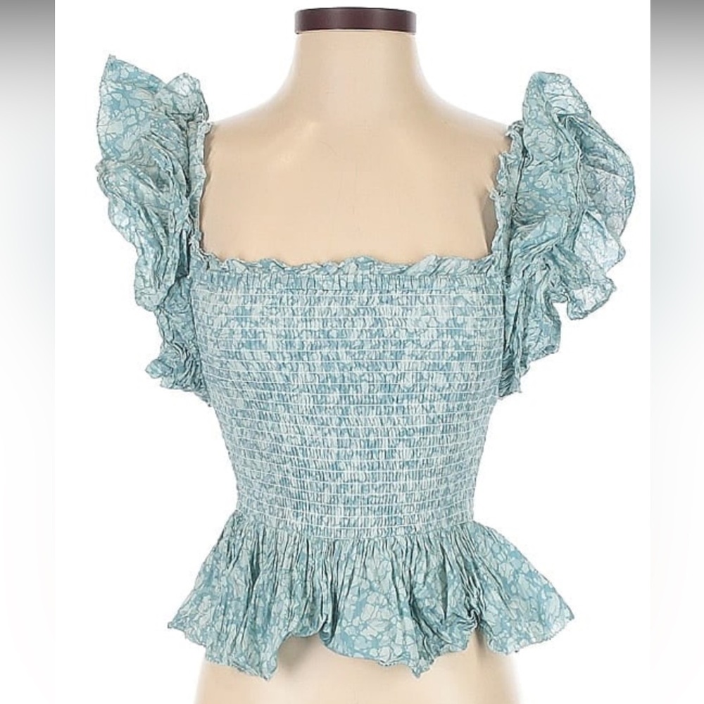 Anthropologie Love the Label Ruffled, Smocked, Square Neck Blue Floral Blouse